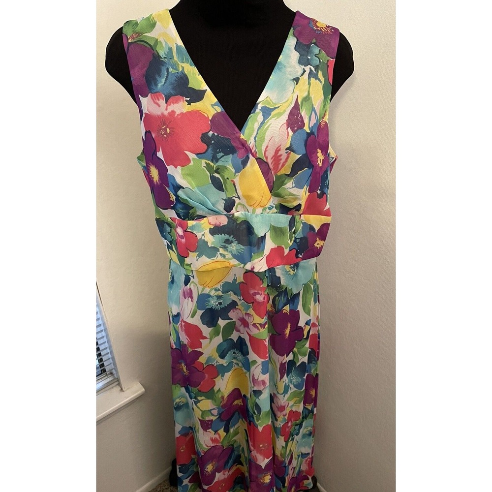 Coldwater Creekโ Faux Wrap Midi Spring Dress Sleeveless Bright Flowers Size 12